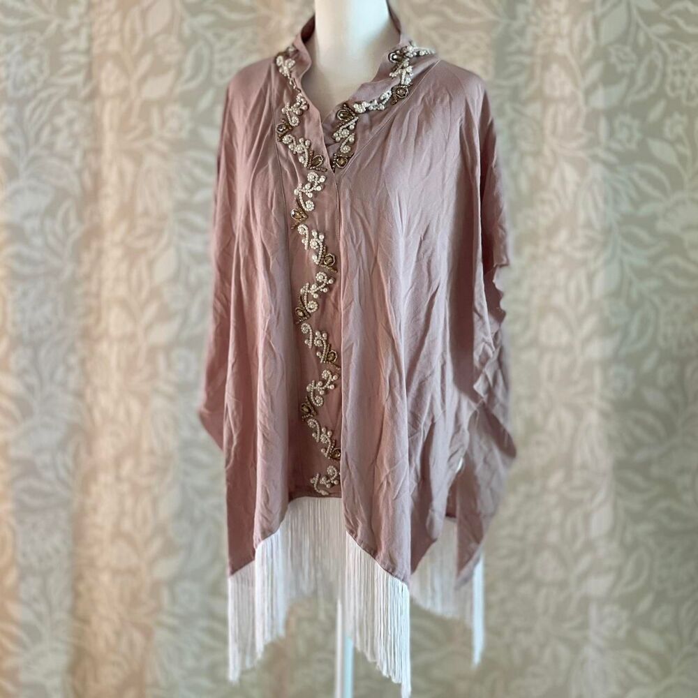 Handmade Mauve Beaded Fringe Poncho Embellished Festival Kimono Cape One Size